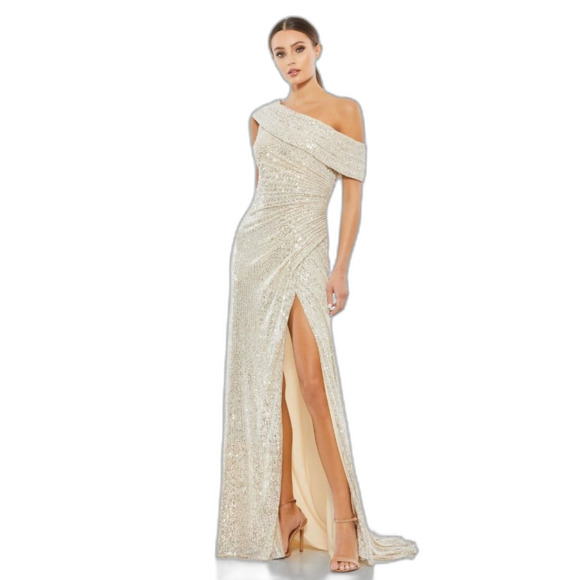 Mac Duggal Ieena 26550 Dress Glittering Drop Shoulder Slit Gown Maxi Dress 4 NWT - Picture 1 of 9